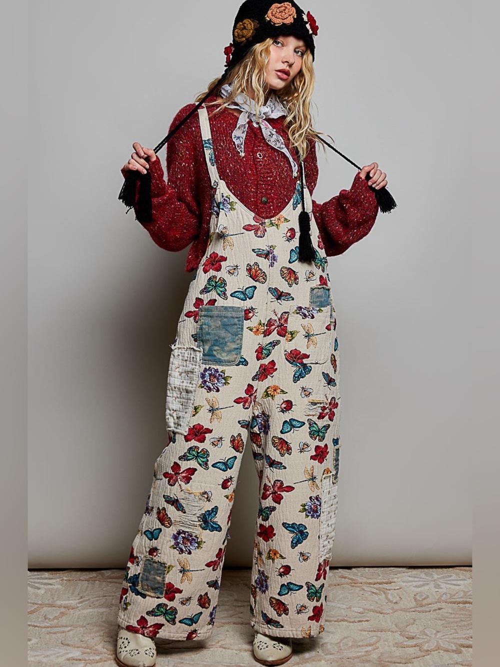 POL “ Dreamwalk “ Overalls Butterfly Patchwork | Almond